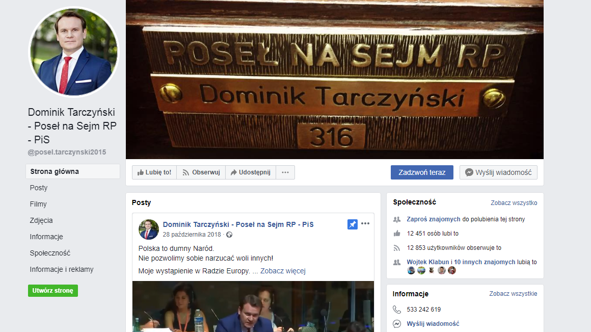 Marketing na Facebooku w oryginalnym wykonaniu Posła Dominika Tarczyńskiego. Ciekawa koncepcja na zdjęcie w tle.