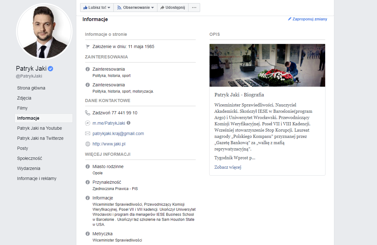 Marketing na Facebooku - zawartość zakładki informacje ze strony Patryka Jakiego.